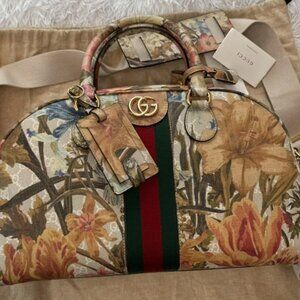 GUCCI GG Supreme Monogram Water Flora Web Medium Ophidia Top Handle Bowler Bag i